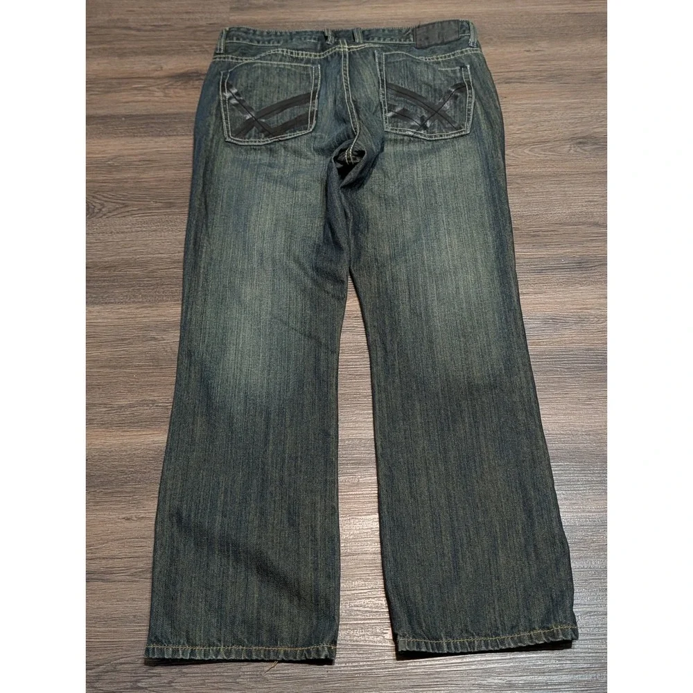 Kenneth Cole Reaction Mens 34x30 Bootcut Jeans Dark Wash Whiskered Y2K Grunge